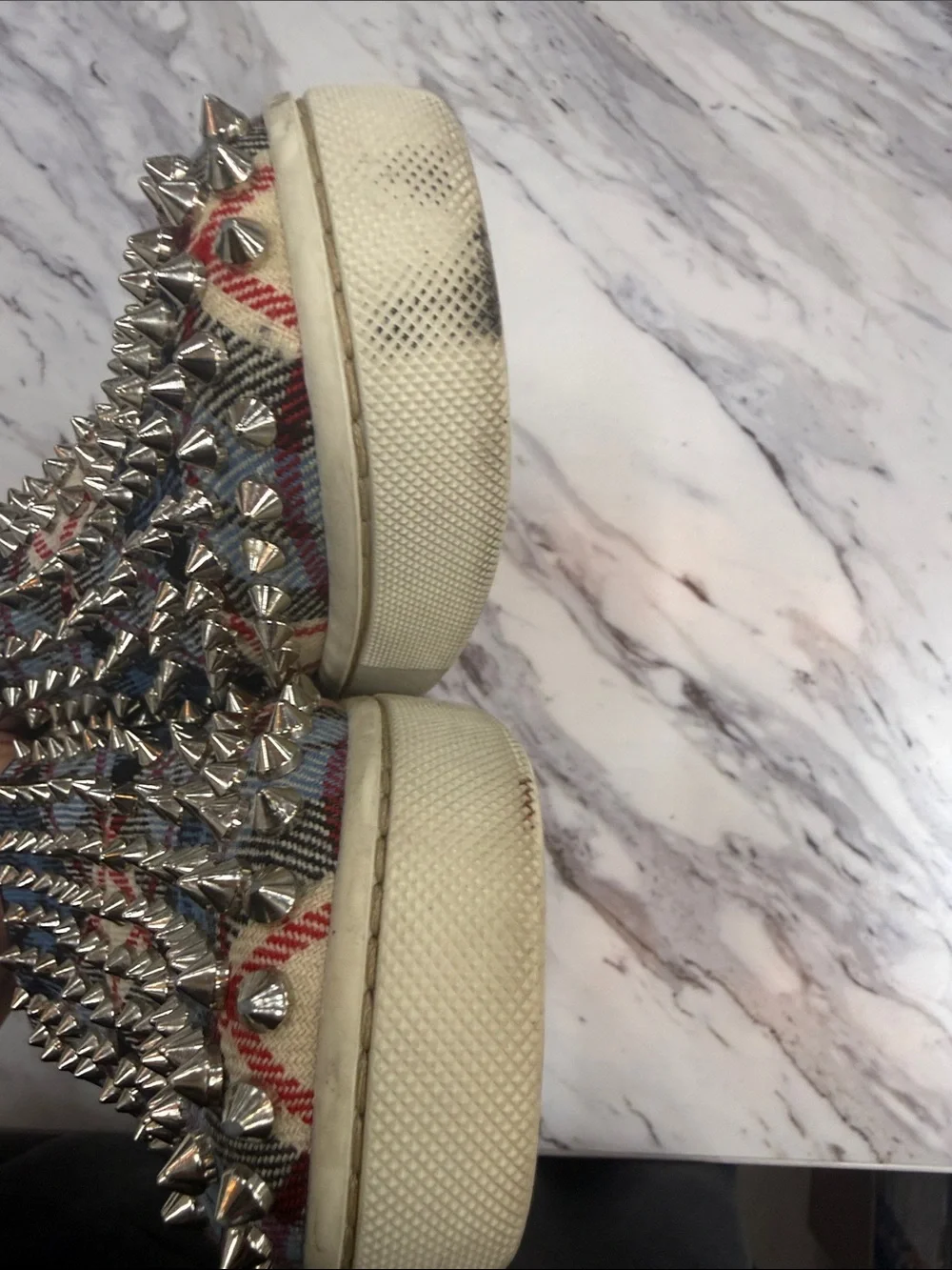Christian Louboutin Blue Plaid Spike-Embellished Slip-Ons